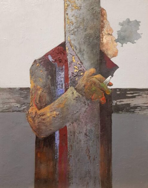 Foto del quadro del pittore napoletano Francesco Caliendo raffigurante una figura che fuma in ricordo della tragedia di Bois du Cazier Marcinelle in Belgio, dipinto su tavola 60x48 cm del 2018