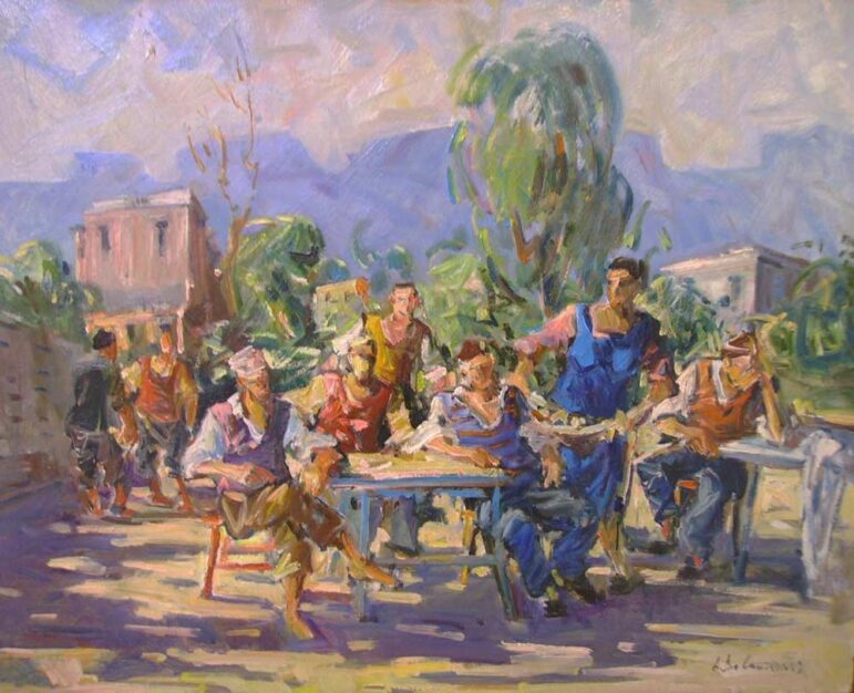 Foto del dipinto del pittore Armando De LAuzieres raffigurante contadini a riposo, olio su tavola 50x60 cm del 1997
