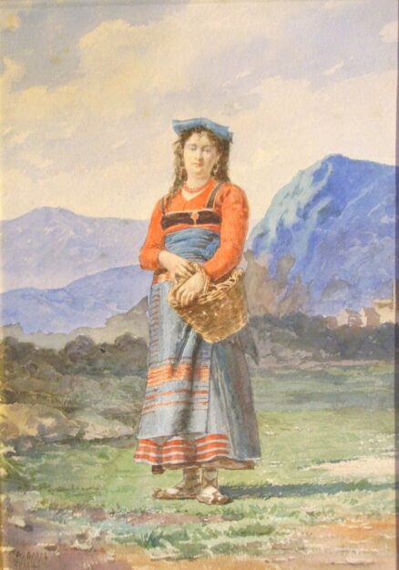 Foto del dipinto antico del pittore romano Belisario Gioja (1829-1906), un acquerello su carta di 34x24 cm raffigurante una contadinella