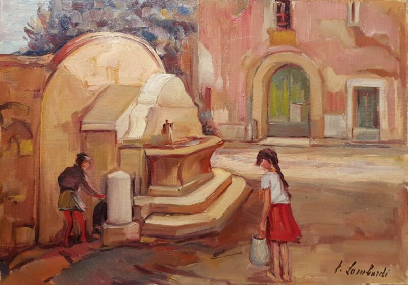 Foto del dipinto di Italo Lombardi (1917-1987) dal titolo Fontana, olio su tela 50x70 cm raffigurante una fontana a Caserta Vecchia
