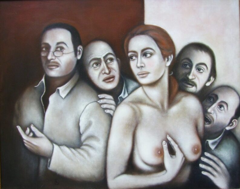 Foto del dipinto di Eleonora Lorini dal titolo Sguardi, olio su tela 80x100 cm raffigurante un nudo di donna circondata dagli sguardi di uomini arrapati
