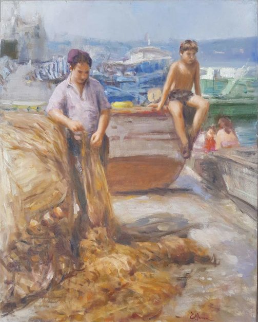 Dipinto di Tonino Manna, il pescatore e lo scugnizzo