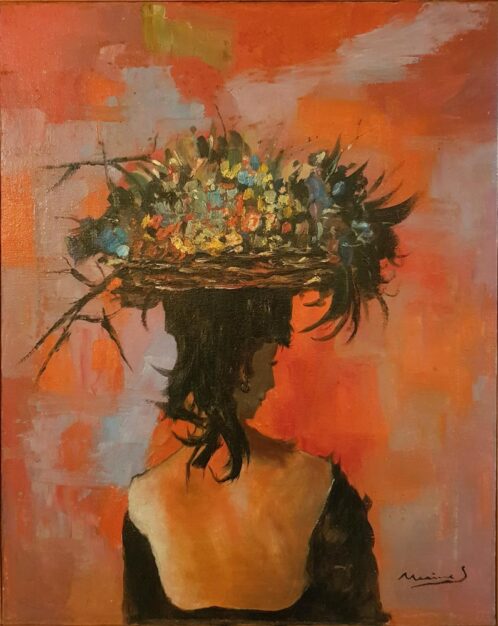 Dipinto, opera unica originale di Salvatore Marciano (1913-1985), olio su tela di 50x40 cm "Donna con cesto di fiori e frutta sulla testa"