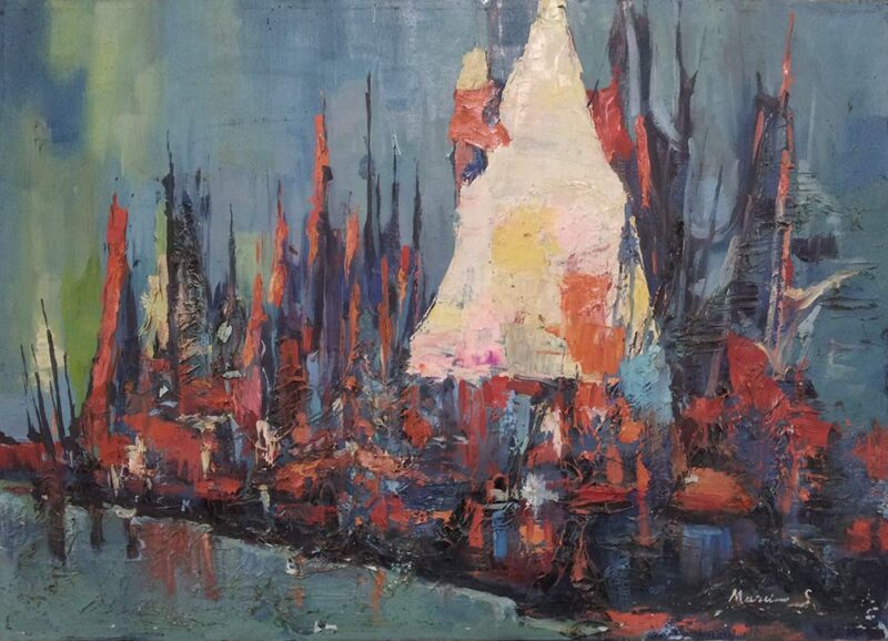 Quadro opera unica originale di Marciano Salvatore (1913-1985), olio su tela di 50x70 cm "Barche"