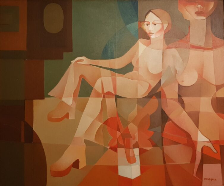 Foto del dipinto del pittore ercolanese Alfonso Marquez (1927-1997), olio su tela 100x120 cm raffigurante un interno con due donne in stile cubista
