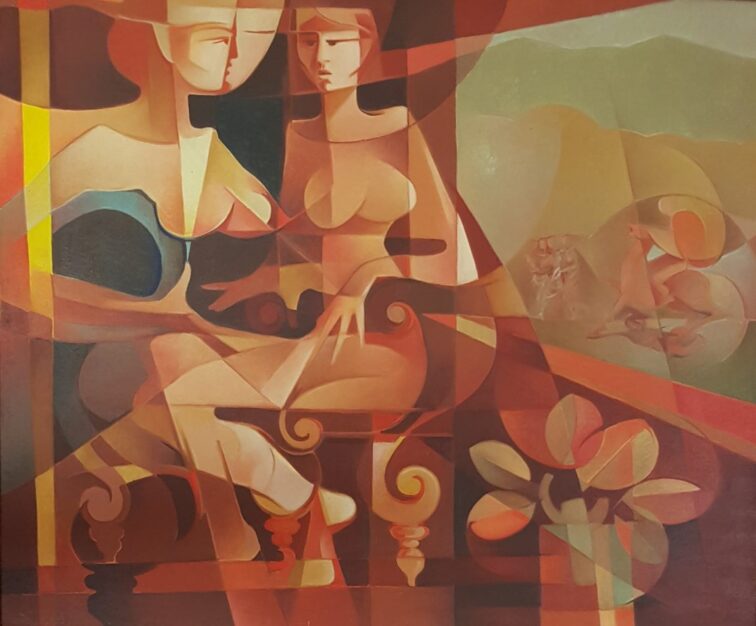 Foto del dipinto del pittore ercolanese Alfonso Marquez (1927-1997), titolo Conversazione, olio su tela 100x120 cm raffigurante un interno con due donne in stile cubista