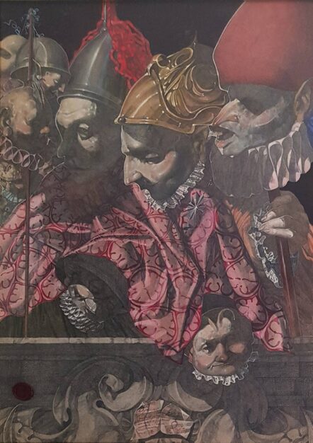 Dipinto di Umberto Piezzo “Napoli 1656. Incontro al palazzo tra due monatti il fantasma del cardinale e i cherubini del diavolo e della morte”