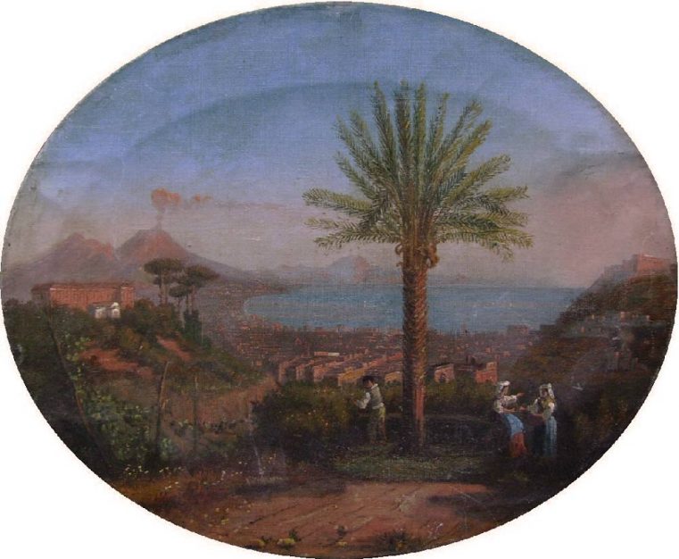 Dipinto ovale di autore anonimo napoletano del XIX appartenente alla Scuola di Posillipo raffigurante la veduta di Villa Gallo a Capodimonte. Napoli, 1874
