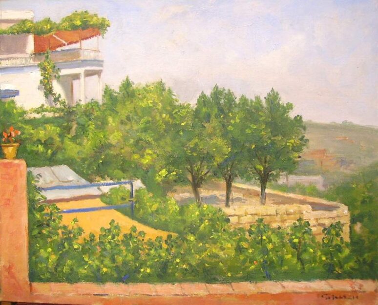 Foto del dipinto del pittore ischitano Riccardo Taliercio (1905-1992) raffigurante una terrazza a Ischia, olio su tela applicata su cartone di 37x46 cm dominata dal verde come colore principale