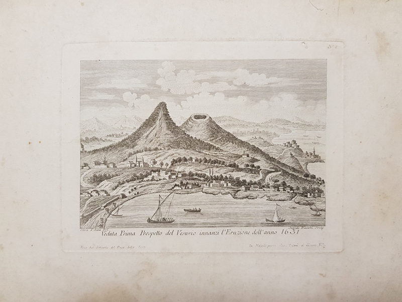 Stampa antica del Duca della Torre Ascanio Filomarino, “Veduta Prima Prospetto del Vesuvio innanzi l’Eruzione dell’anno 1631” disegnatore Olivio d’Anna, incisore Secondo Bianchi. Acquaforte del 1805.
