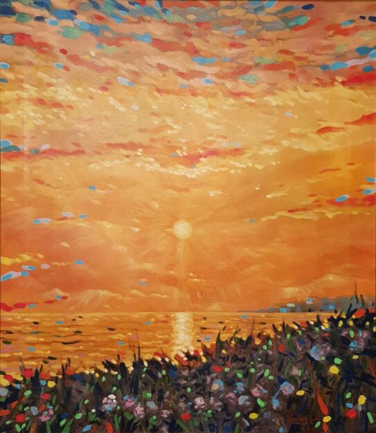 Dipinto di Giuseppe Zollo dal titolo "Io mi sono riconosciuto in te o Amore Sole. Amore che splende come il mare all'alba", olio su tela 90x80 cm del 2003
