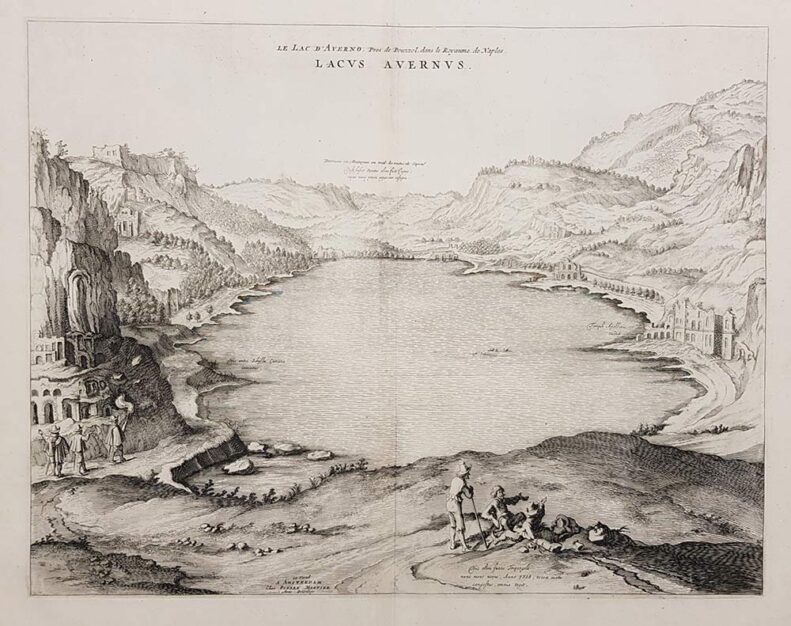 stampa antica di Pierre Mortier raffigurante il Lago d'Averno lacus avernus