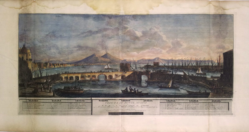 stampa antica della veduta di ponte nuovo del porto di napoli