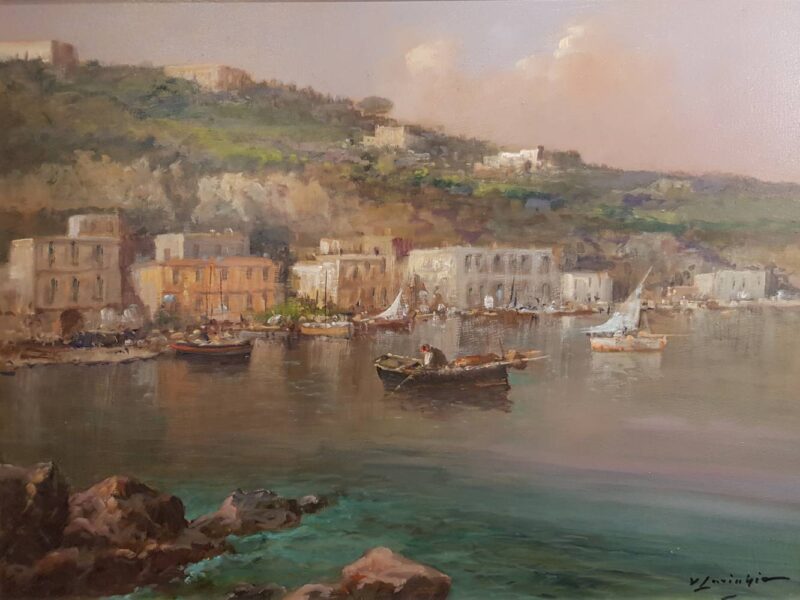 Foto del dipinto originale del pittore Vincenzo Laricchia (1940-2017), olio su tavola di 30x40 cm dal titolo "Posillipo - Napoli"