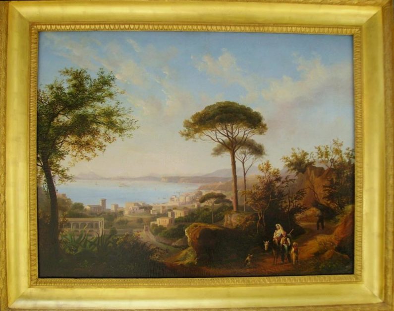 Dipinto firmato "Asselin", Scuola di Posillipo raffigurante il Vesuvio da Lacco Ameno (Ischia), olio su tela 75x100 cm di inizio XIX secolo con splendida cornice coeva (95x120 cm)