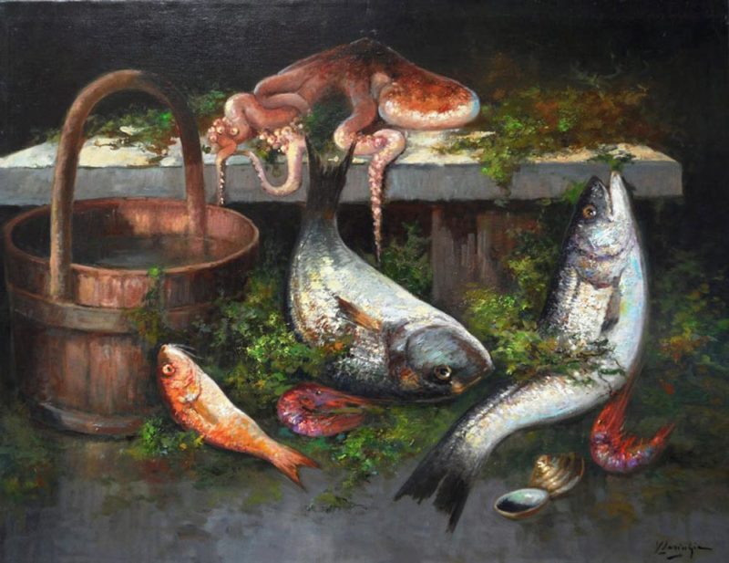 Dipinto di Laricchia Vincenzo Natura morta con pesci