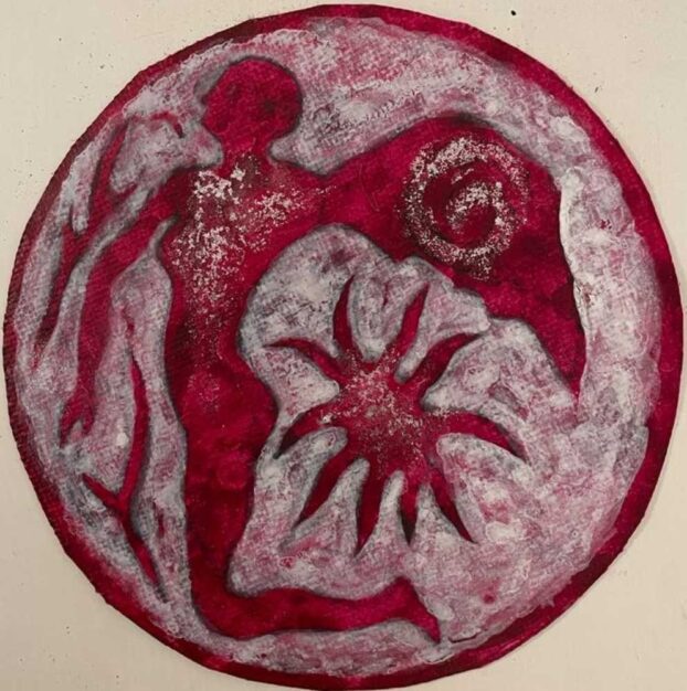 Foto del dipinto dell'artista Franco Cipriano, tecnica mista su tela di juta sciolta di forma tonda con diametro 20 cm raffigurante un Angelo in red