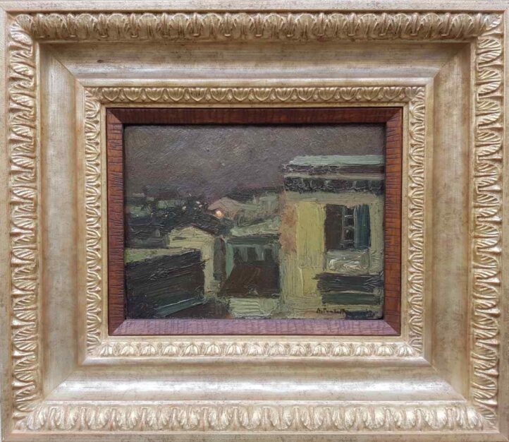 Foto del dipinto del Maestro Attilio Pratella (1856-1949), olio su cartone 13x17 cm raffigurante un paesaggio notturno al Vomero (Napoli), dal suo studio e datato a tergo 1900. Con cornice argento.