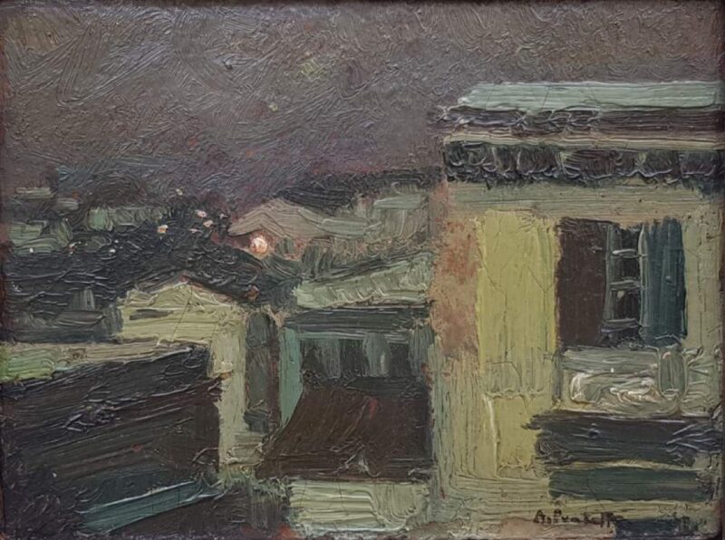 Foto del dipinto del Maestro Attilio Pratella (1856-1949), olio su cartone 13x17 cm raffigurante un paesaggio notturno al Vomero (Napoli), dal suo studio e datato a tergo 1900.