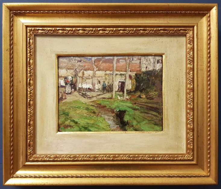 Foto del dipinto incorniciato del Maestro Attilio Pratella (1856-1949), olio su tavola 16x22 cm raffigurante un paesaggio identificato come il rione di Antignano al Vomero (Napoli) e databile al 1915/20