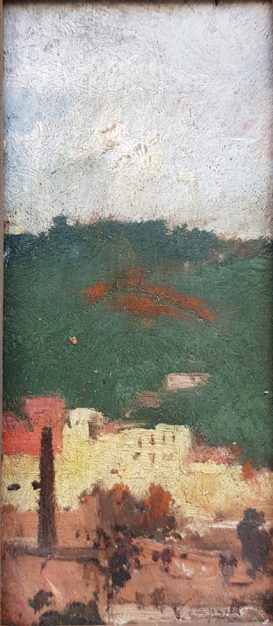 Paesaggio verticale del pittore Vincenzo Caprile (1856-1936), dipinto ad olio su tavoletta 13x5,7 cm