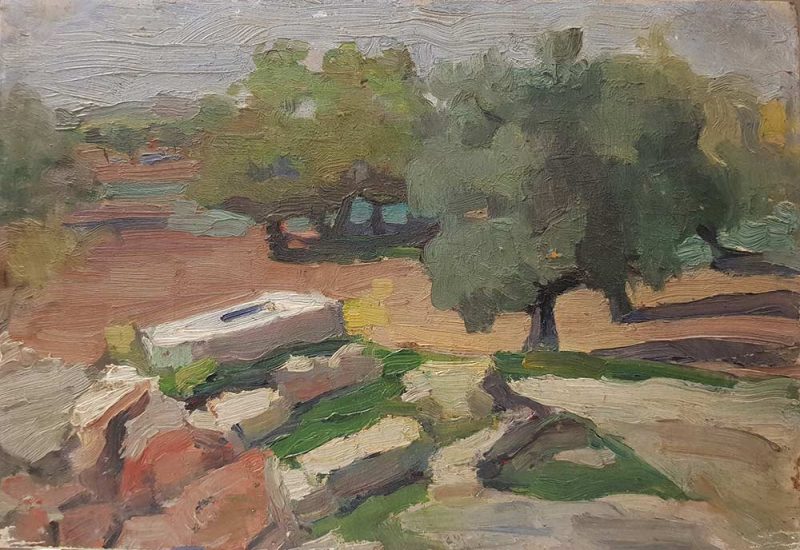 Dipinto di Carlo Striccoli raffigurante un paesaggio di campagna pugliese