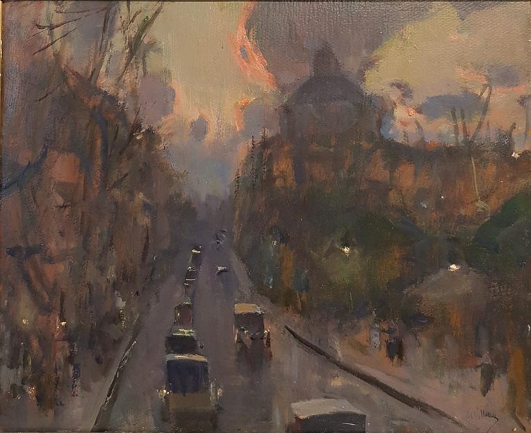 Dipinto di Gennaro Villani (1885-1948), olio su cartone 35x38,5 cm raffigurante strada di "Parigi"
