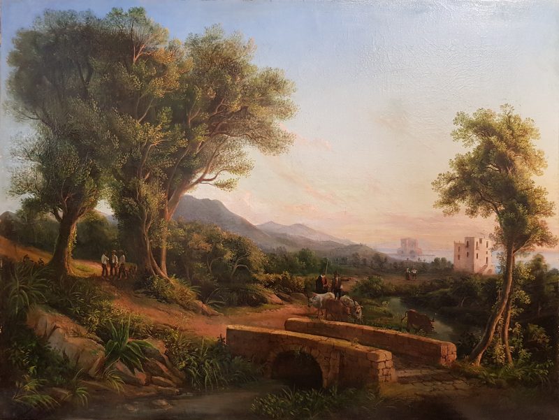 Dipinto della Scuola di Posillipo raffigurante un paesaggio flegreo con la Casina Vanvitelliana e il lago Fusaro.