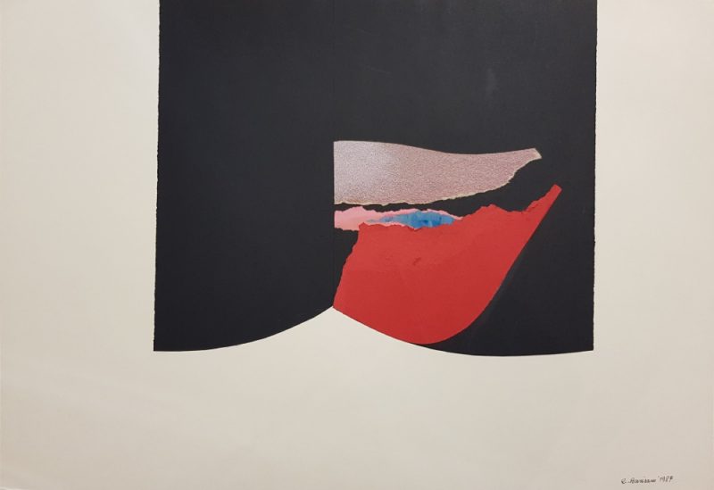 Opera d'arte astratta dell'artista Renato Barisani (1918-2011), collage su cartoncino 50x70 cm del 1987, titolo C10