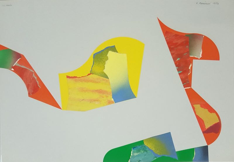 Opera d'arte astratta dell'artista Renato Barisani (1918-2011), collage su cartoncino 50x70 cm del 1984, titolo Intervento