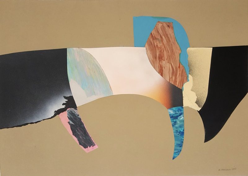 Opera d'arte astratta dell'artista Renato Barisani (1918-2011), collage su cartoncino 50x70 cm del 1986, titolo Paride
