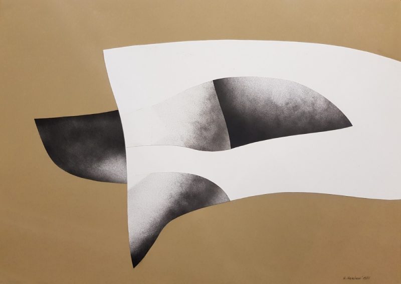 Opera d'arte astratta dell'artista Renato Barisani (1918-2011), collage su cartoncino 50x70 cm del 1986, titolo I neri ed il bianco