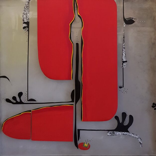 Foto dell'opera astratta del pittore scultore Eduardo Zanga, tecnica mista su tavola 85x85 cm del 2023 Dialogo tra il rosso e la materia
