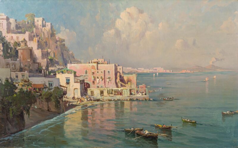 Foto del dipinto di Nicolas De Corsi, olio su tela 75x120 cm raffigurante il Golfo di Napoli con pescatori a Posillipo, scene di vita e in lontananza Castel Dell'Ovo e il Vesuvio