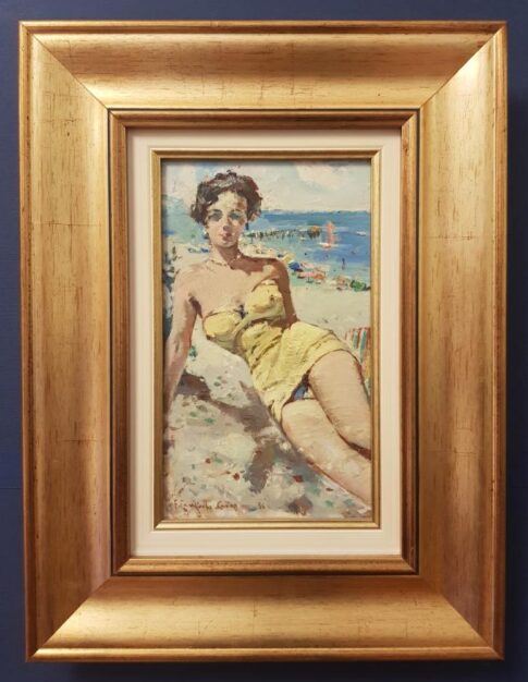 Dipinto incorniciato di Francesco Cangiullo dal titolo "Genny - Una donna che si vende (ma forse no)", olio su tavoletta  26x16 cm del 1956