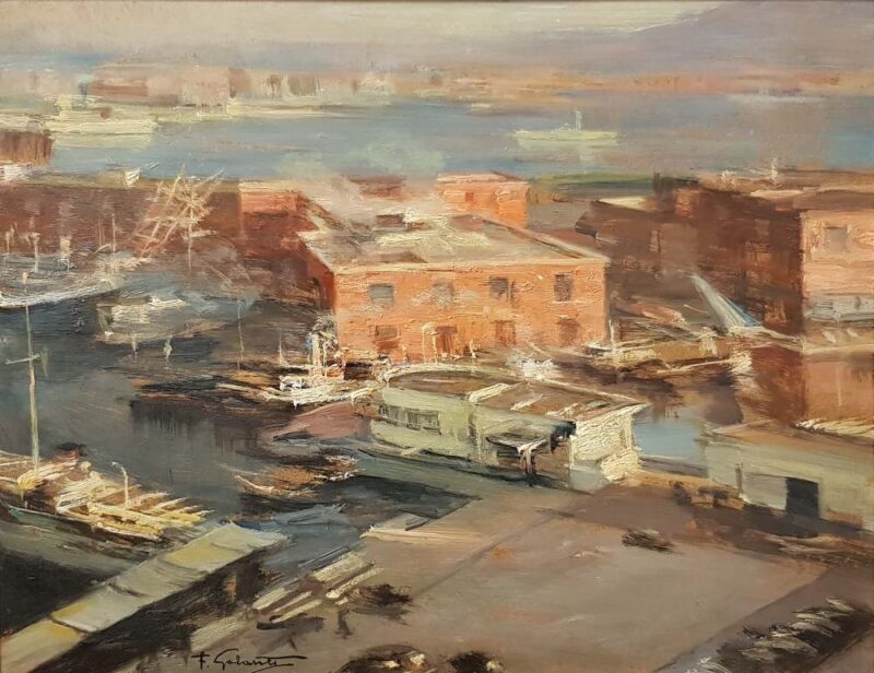 Dipinto di Francesco Galante raffigurante la darsena del Porto di Napoli, tavola 35x45 cm