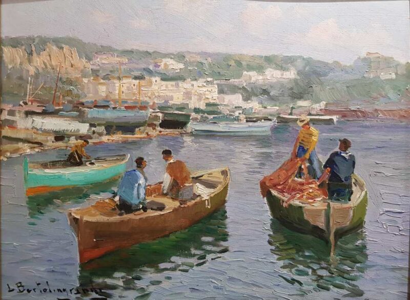 Foto del dipinto di Luigi Bertolingrande (1912-1965), olio su tavola 30x40 cm raffigurante un marina con barche e pescatori
