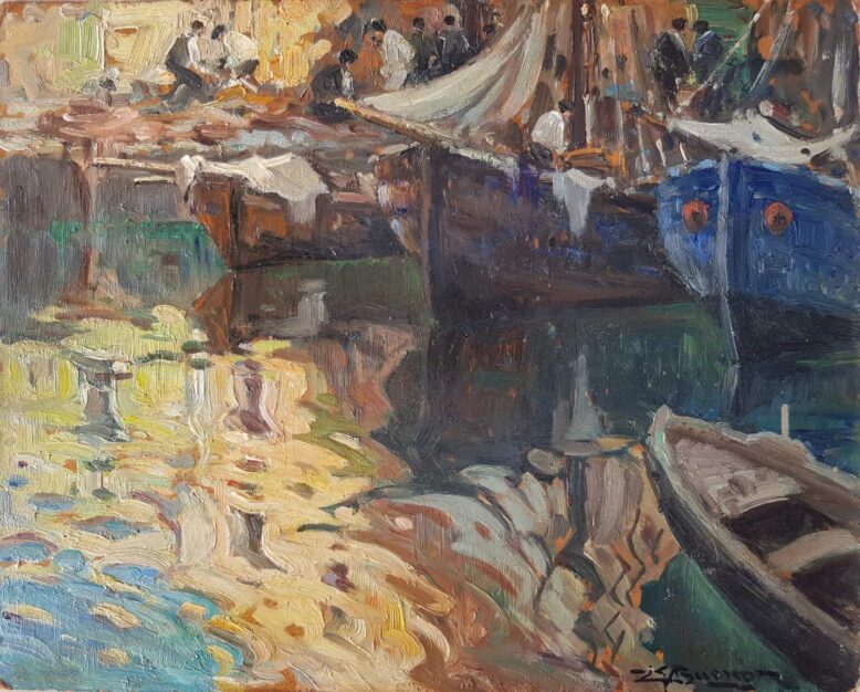 Foto del dipinto di Leon Giuseppe Buono, olio su masonite 40x50 cm dal titolo "Marina di Pozzuoli", raffigurante i riflessi del mare, le barche e i pescatori nel porto di Pozzuoli