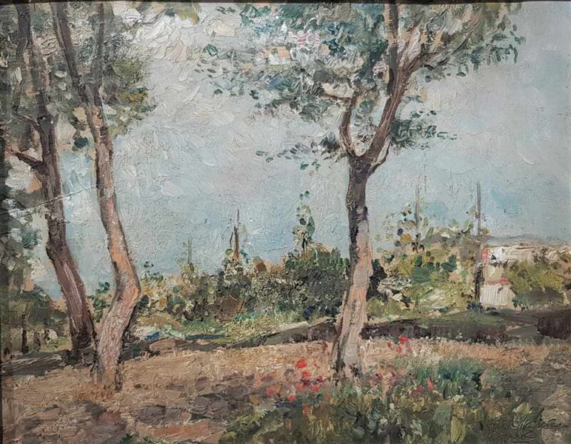 Foto del dipinto di Casciaro Guido (1900-1963) raffigurante un paesaggio di campagna, in primavera, olio su tavoletta 29x37 cm del 1943, anno fascista XXI