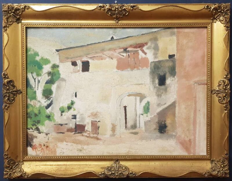 Foto del dipinto incorniciato di Catelli Camillo (1886-1978), olio su masonite 50x70 cm del 1958 raffigurante un casolare