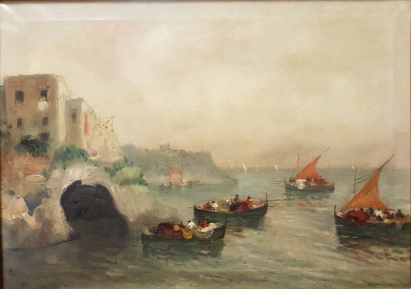 Foto del dipinto di Francesco Di Marino (1892-1954), olio su tela 50x70 cm raffigurante la grotta di Seiano a Posillipo, con barche di pescatori
