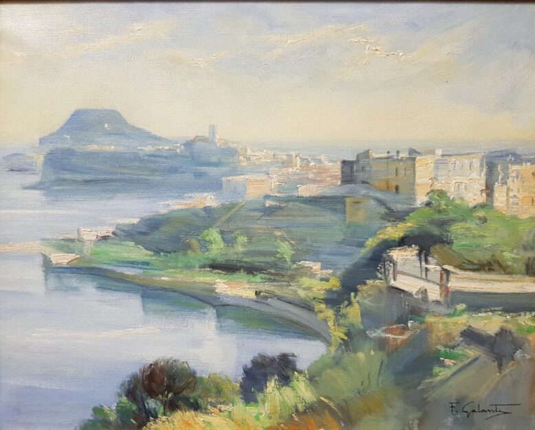 Foto del dipinto del Maestro Galante Francesco (1884-1972), raffigurante la veduta di Capo Miseno dal Castello di Baia, olio su tela 40x50 cm