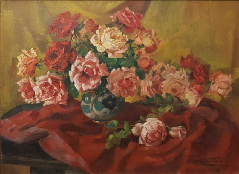 Foto del dipinto del Maestro Ettore Sannino (1897-1975), titolo "Rose", olio su tela riportata su cartone 44,5x60 cm del 1946