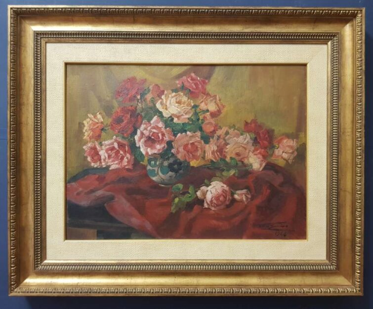 Foto del dipinto incorniciato di Ettore Sannino (1897-1975), titolo "Rose", olio su tela riportata su cartone 44,5x60 cm del 1946