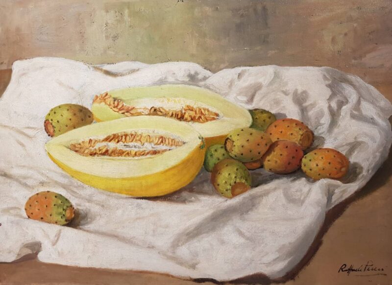 Foto del dipinto "Natura morta" di Raffaele Pucci (1917-1988), olio su tela 50x70 cm raffigurante una composizione con melone e fichi d'India su drappo bianco.
