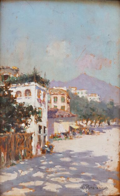 Foto del dipinto del grande artista Carlo Brancaccio (1861-1920) raffigurante un paesaggio con Vesuvio fumante sullo sfondo, olio su tavoletta 30x19 cm del 1899