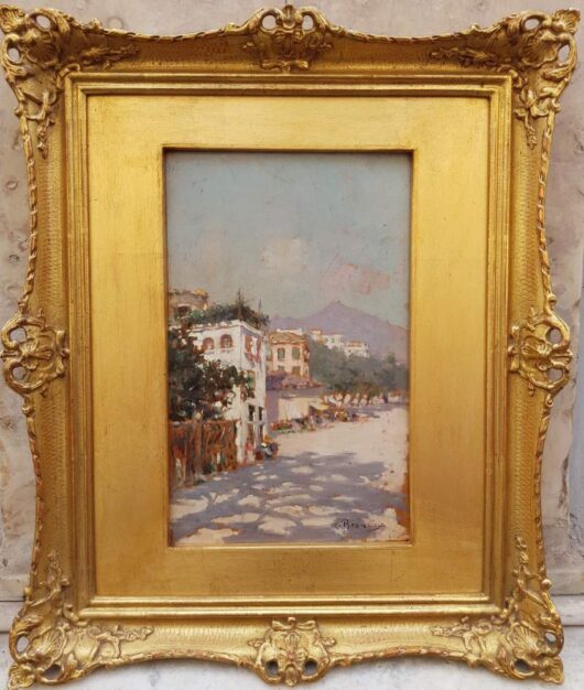 Foto del dipinto del grande artista Carlo Brancaccio (1861-1920) raffigurante un paesaggio con Vesuvio fumante sullo sfondo, olio su tavoletta 30x19 cm del 1899, incorniciato