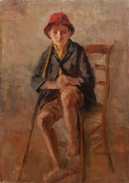 Foto del dipinto della pittrice e poeta Angela Carugati (1881-1977) raffigurante uno scugnizzo napoletano seduto, olio su tela 47x34 cm