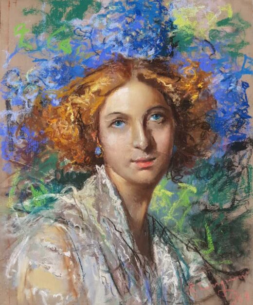 Foto del dipinto del grande pittore napoletano Roberto Carignani (1894-1975), ritratto di giovane donna dai capelli rossi, pastello su cartoncino 57x46,5 cm del 1938