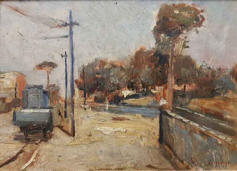 Foto del dipinto del pittore napoletano Luigi Crisconio (1893-1946) raffigurante la ferrovia della Vesuviana di Sorrento, olio su tavoletta 22x29,5 cm